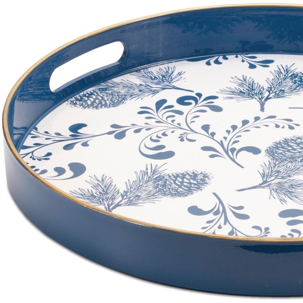 14" Blue White And Gold Pinecone Round Serving Tray