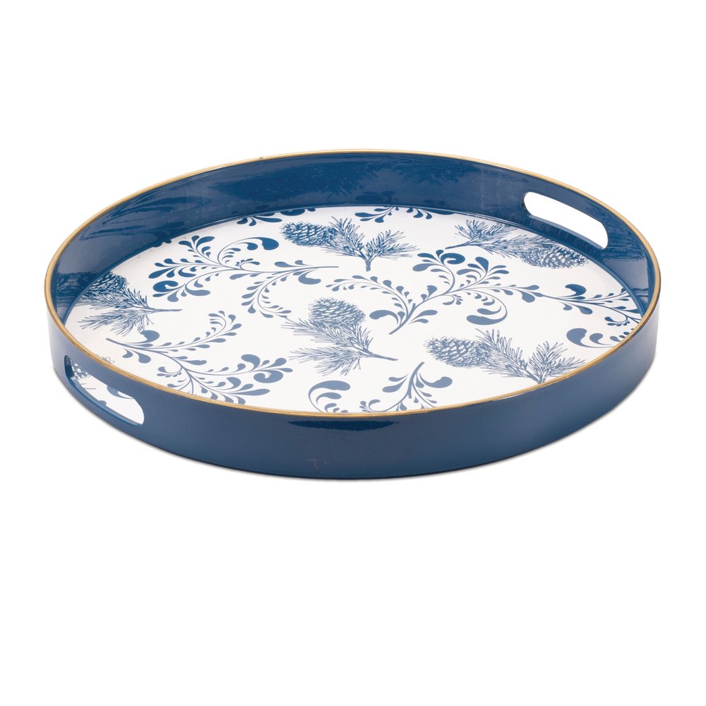14" Blue White And Gold Pinecone Round Serving Tray