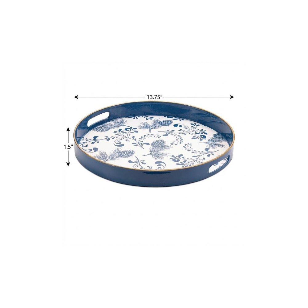 14" Blue White And Gold Pinecone Round Serving Tray
