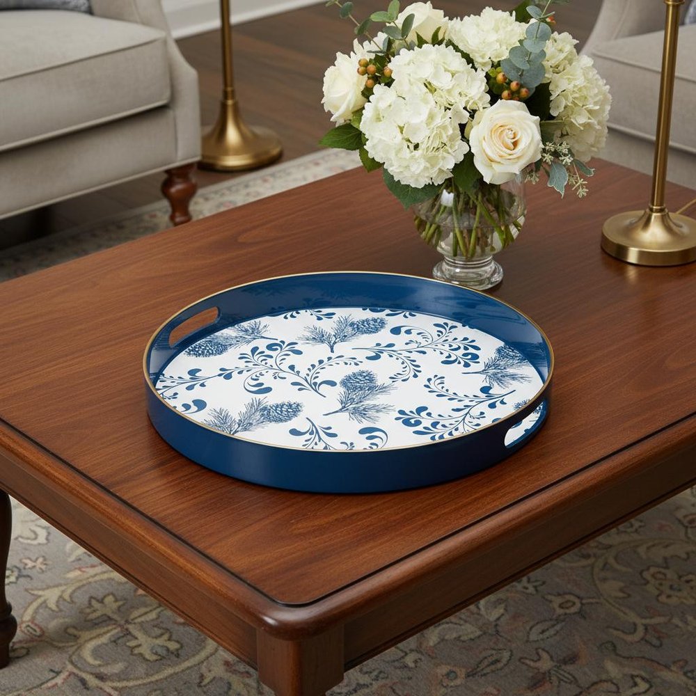 14" Blue White And Gold Pinecone Round Serving Tray