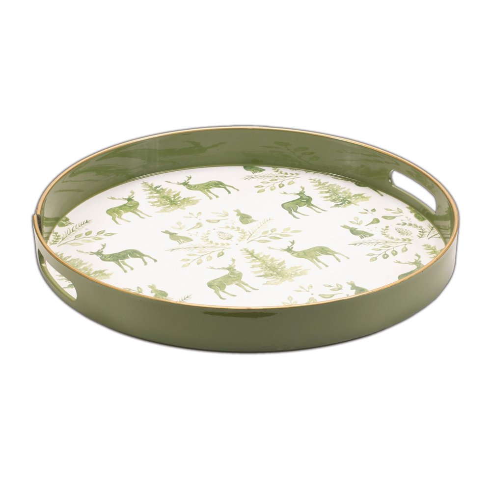 14" Green White And Gold Woodland Scene Round Serving Tray With Handles