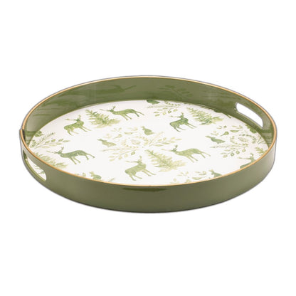 14" Green White And Gold Woodland Scene Round Serving Tray With Handles