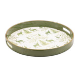 14" Green White And Gold Woodland Scene Round Serving Tray With Handles