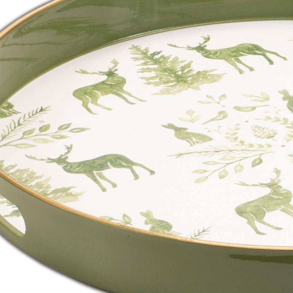 14" Green White And Gold Woodland Scene Round Serving Tray With Handles