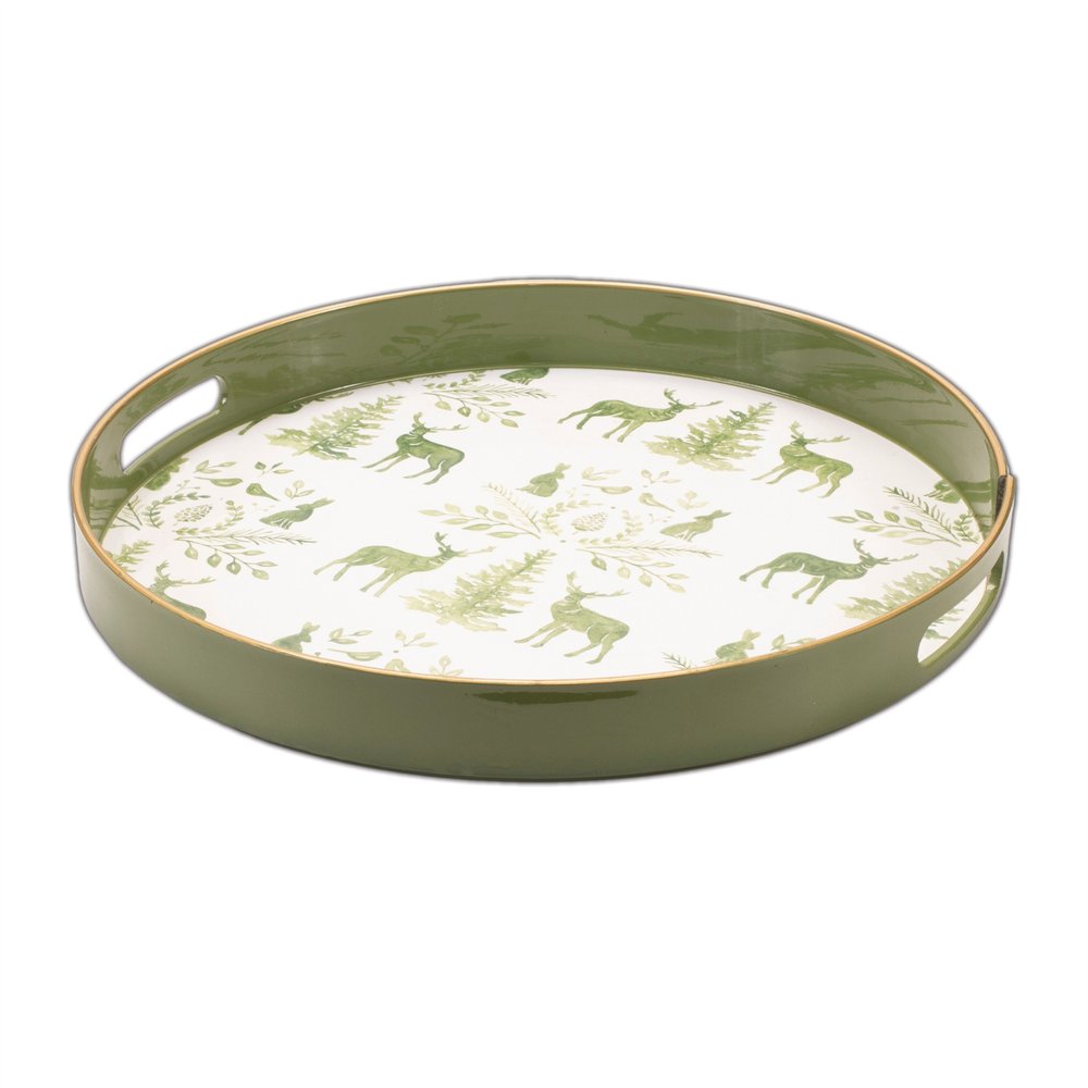14" Green White And Gold Woodland Scene Round Serving Tray With Handles