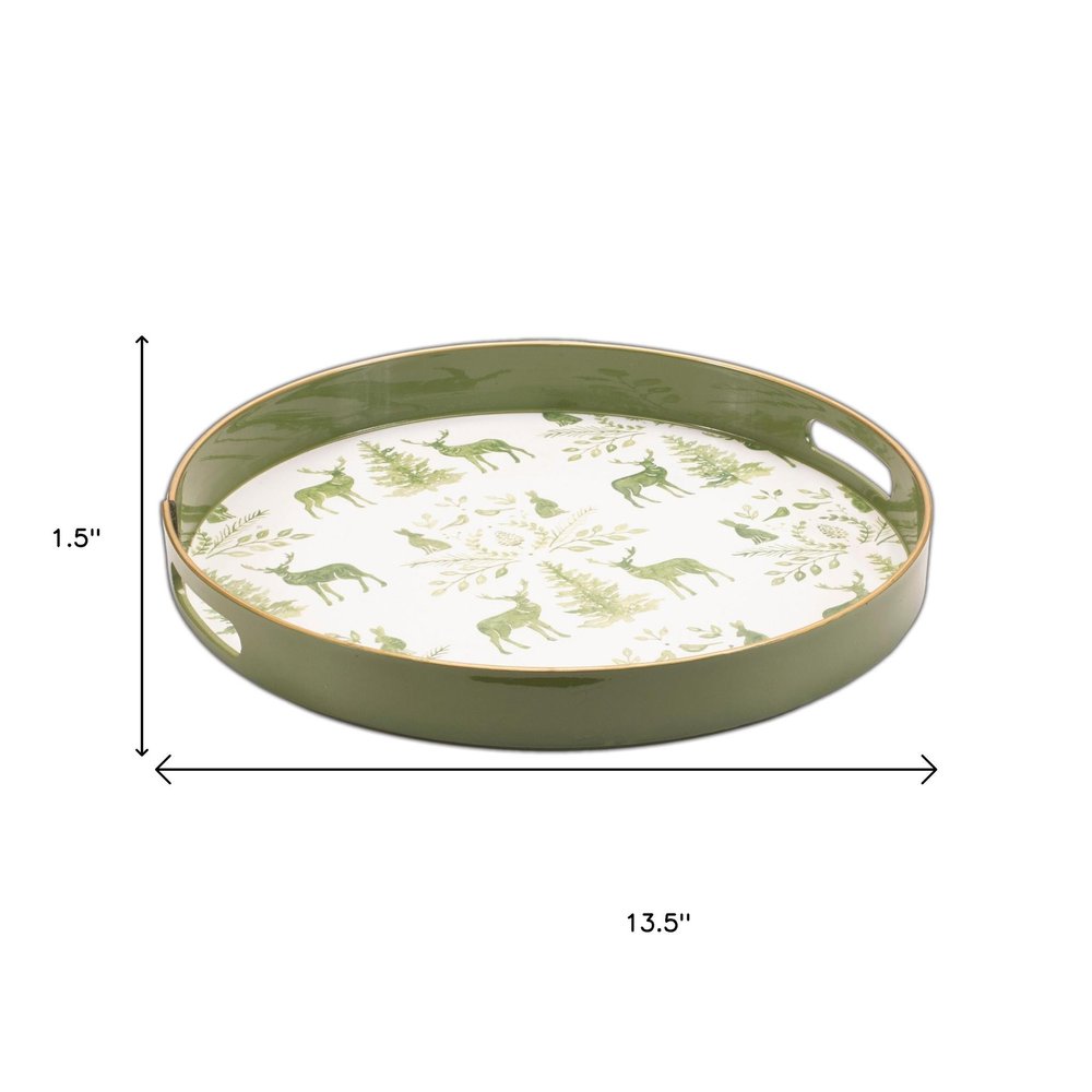 14" Green White And Gold Woodland Scene Round Serving Tray With Handles