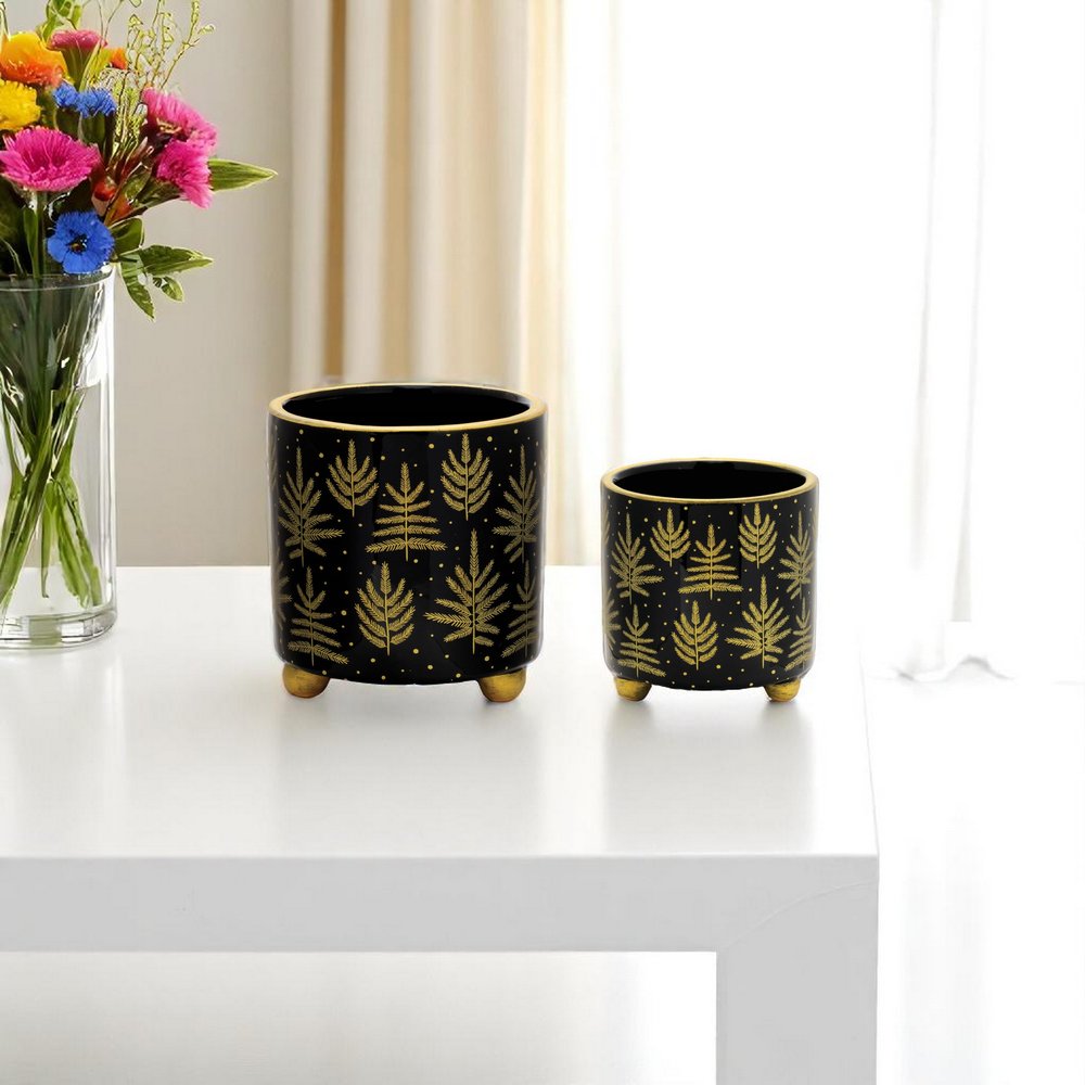Set of Two Black And Gold Ceramic Pot Planters