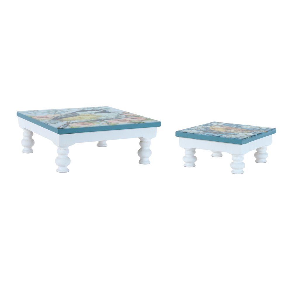 Set of Two Blue And White Solid and Manufactured Wood Floral Square Riser Tray