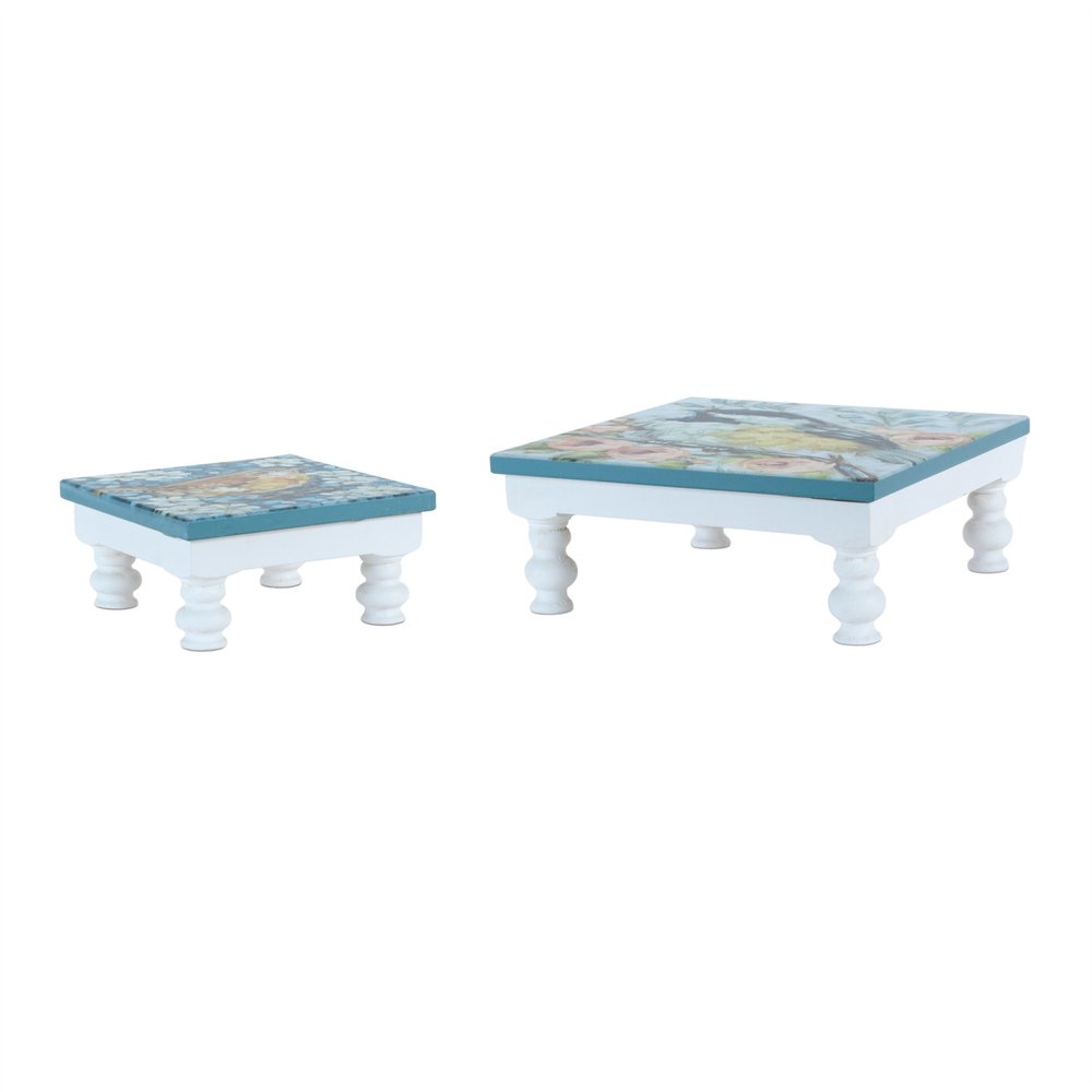 Set of Two Blue And White Solid and Manufactured Wood Floral Square Riser Tray