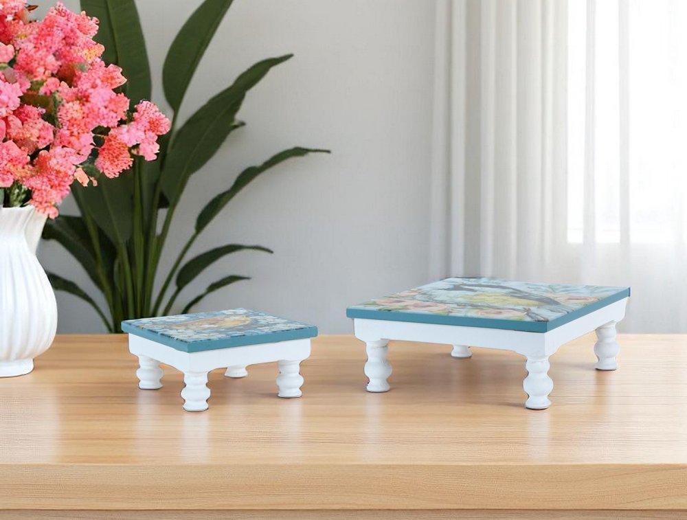 Set of Two Blue And White Solid and Manufactured Wood Floral Square Riser Tray