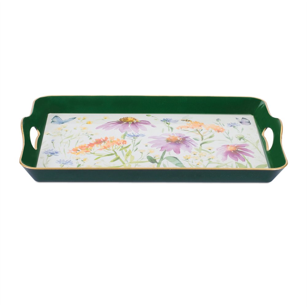 17" Green And White Watercolor Floral Serving Tray With Handles