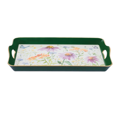 17" Green And White Watercolor Floral Serving Tray With Handles