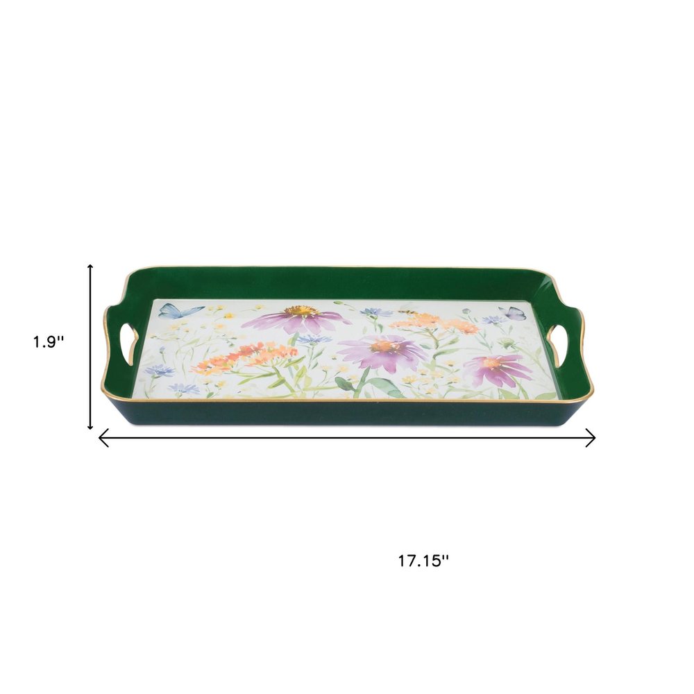 17" Green And White Watercolor Floral Serving Tray With Handles