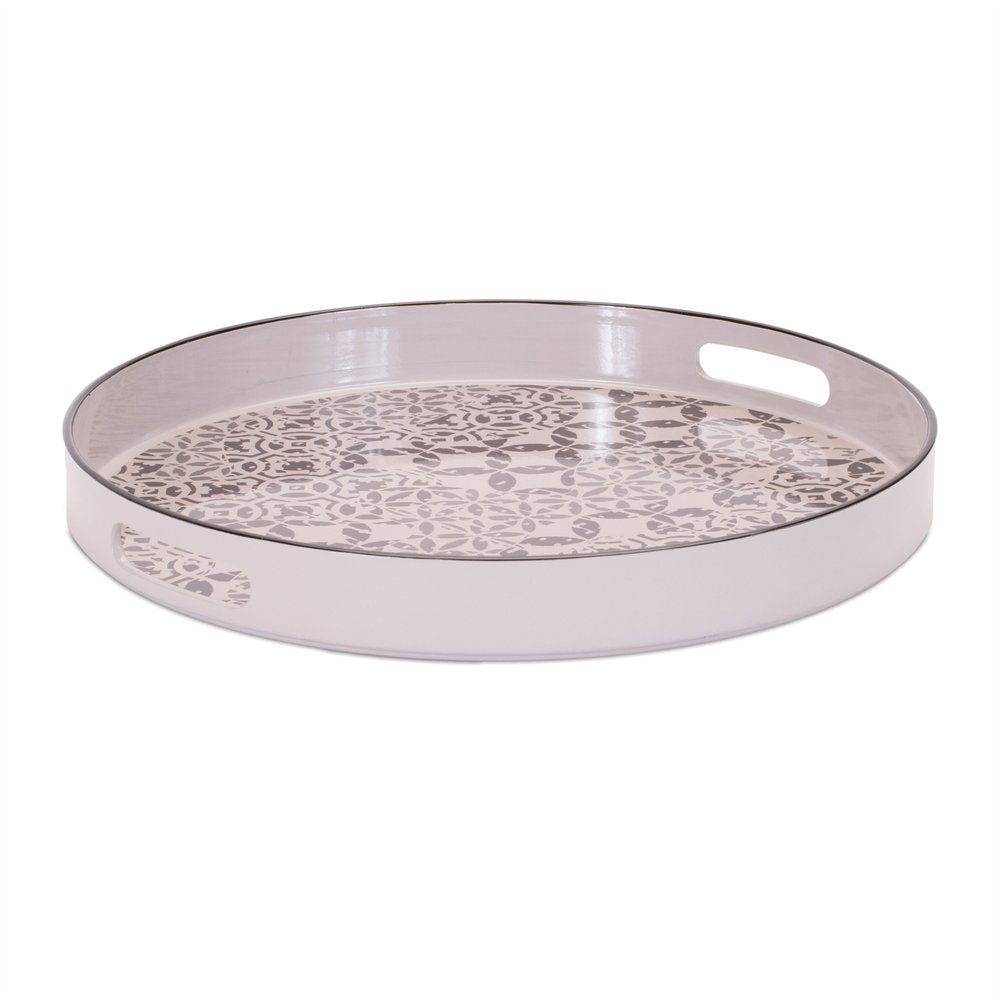 14" Cream And Gray Geometric Pad Print Round Serving Tray With Handles