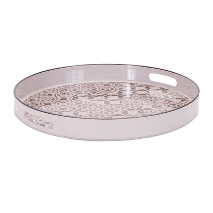 14" Cream And Gray Geometric Pad Print Round Serving Tray With Handles