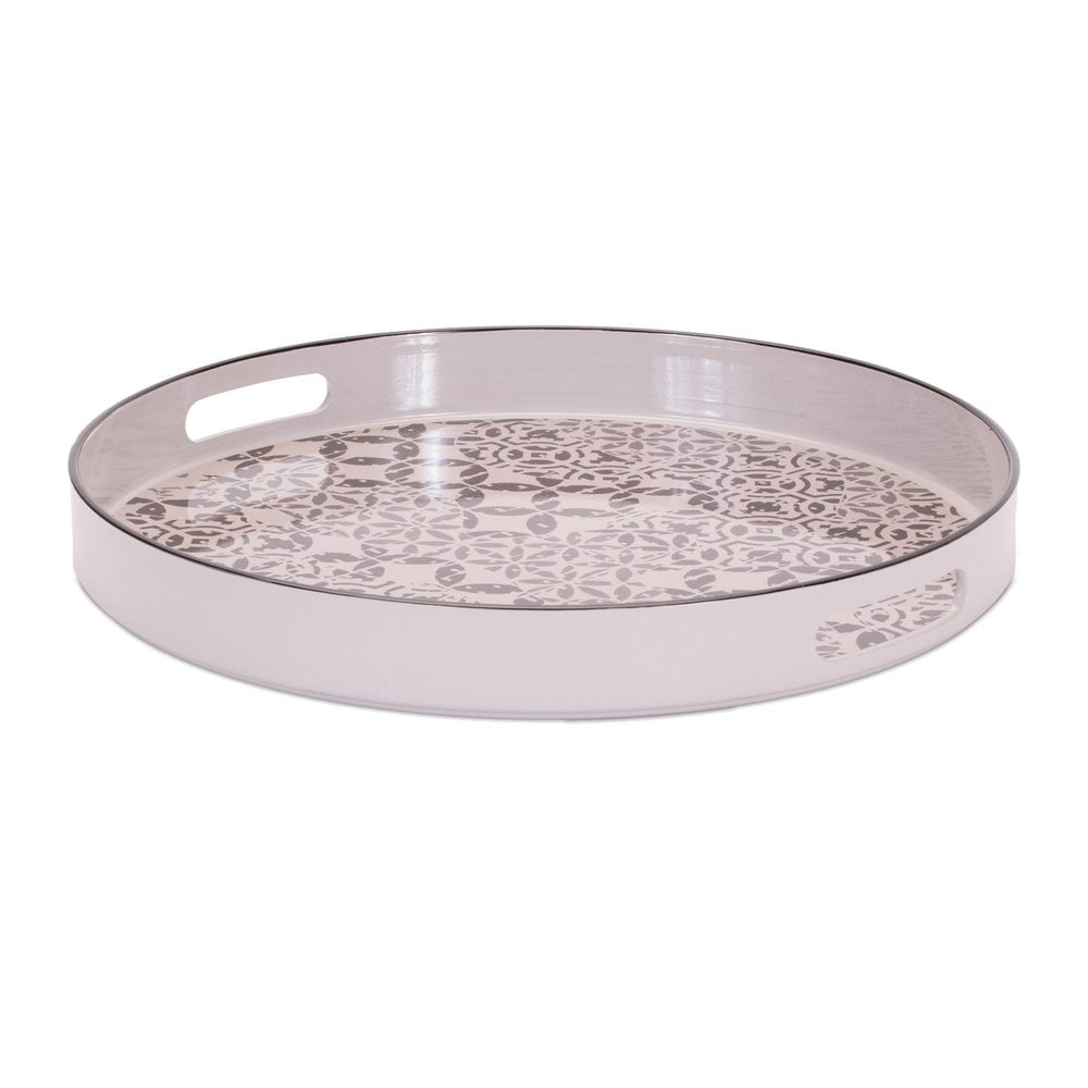 14" Cream And Gray Geometric Pad Print Round Serving Tray With Handles