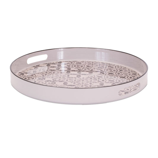 14" Cream And Gray Geometric Pad Print Round Serving Tray With Handles
