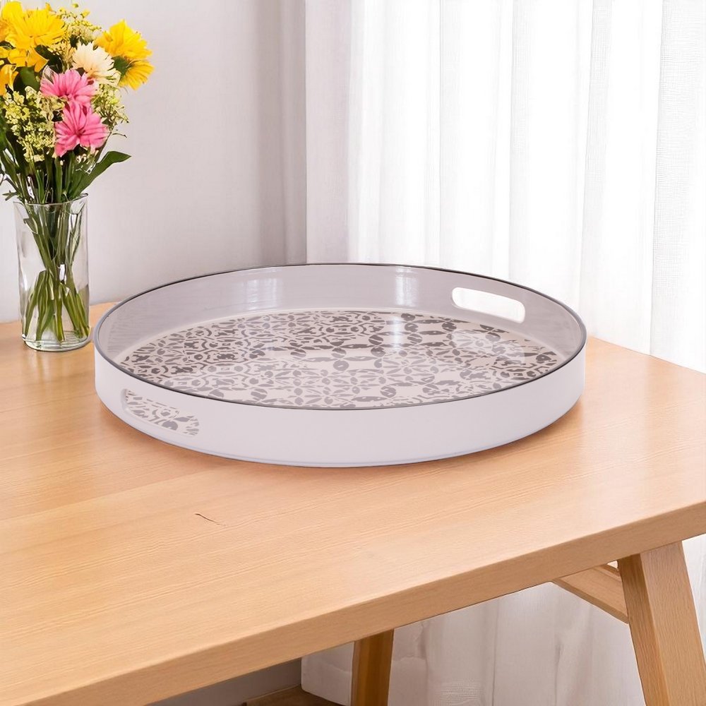 14" Cream And Gray Geometric Pad Print Round Serving Tray With Handles