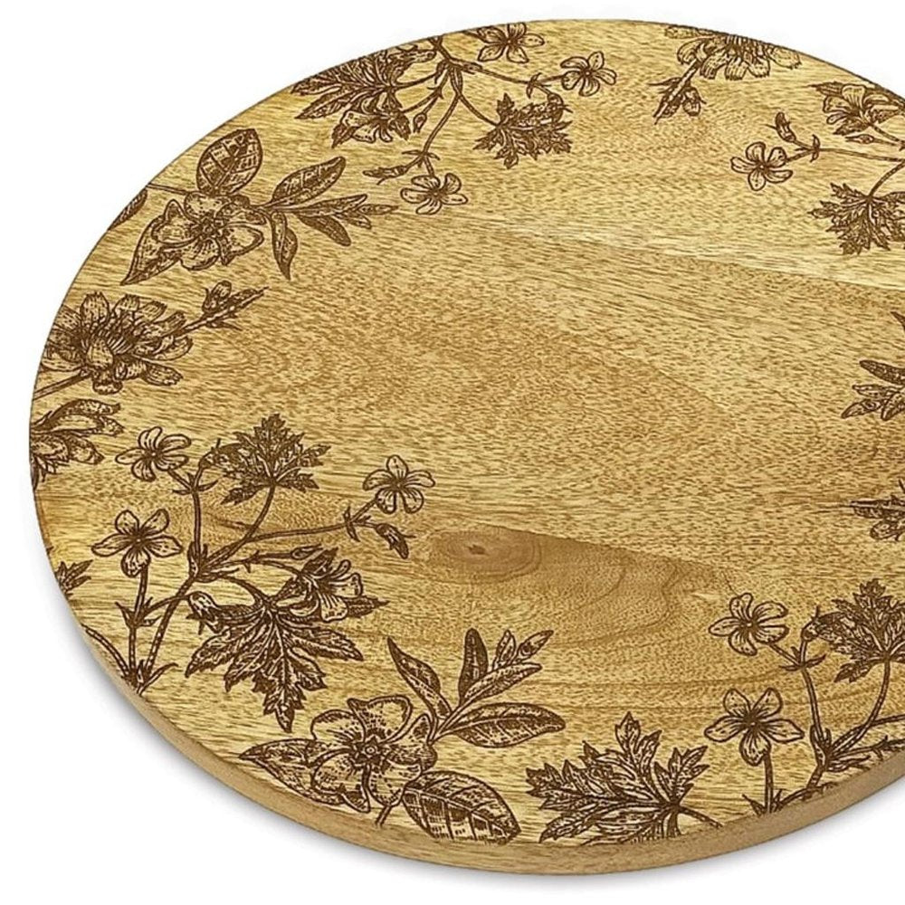 12" Brown Solid Wood Floral Round Serving Tray