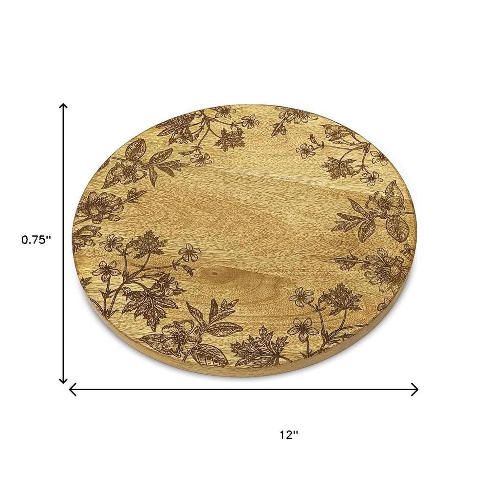 Set of Two 12" Brown Solid Wood Floral Round Serving Trays