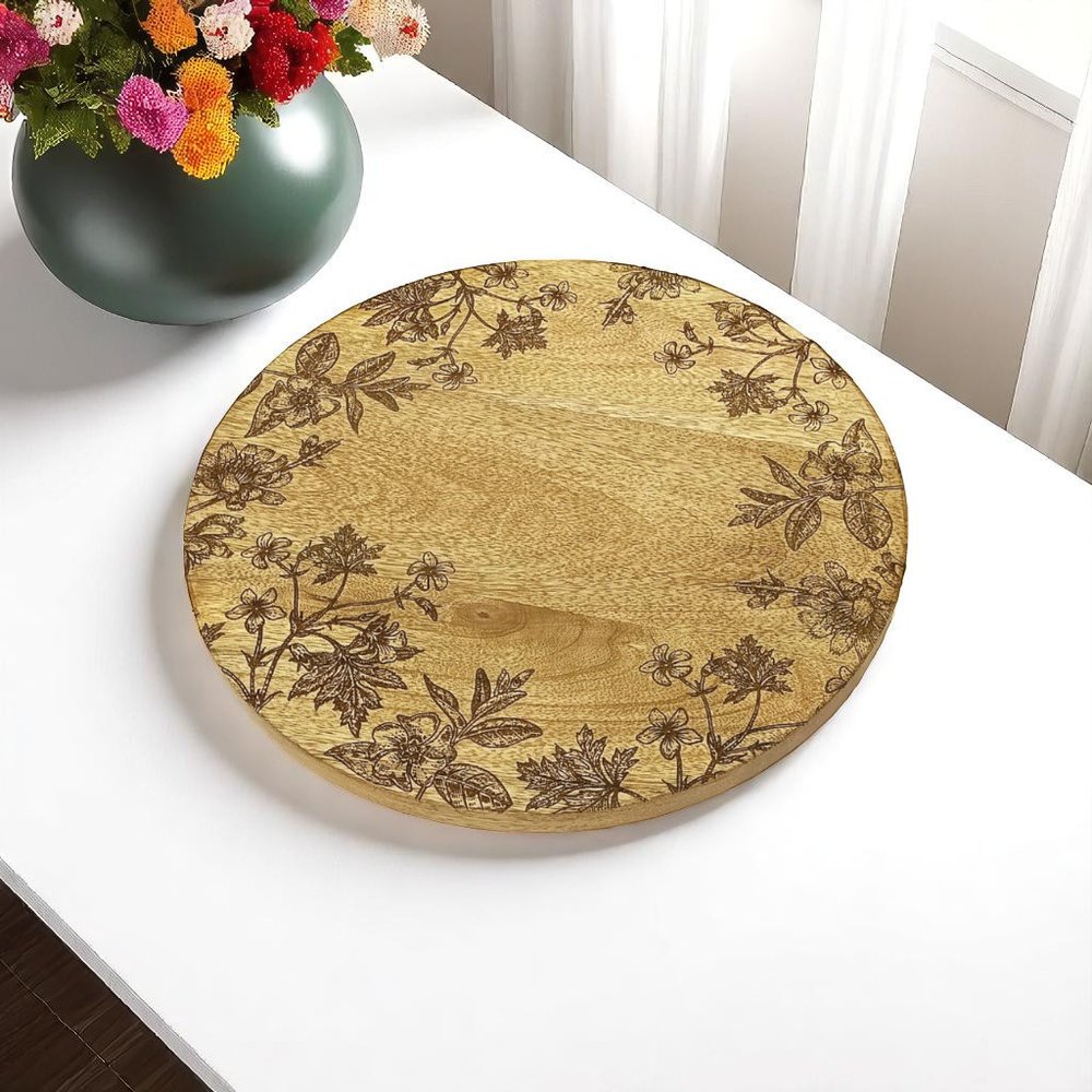 Set of Two 12" Brown Solid Wood Floral Round Serving Trays