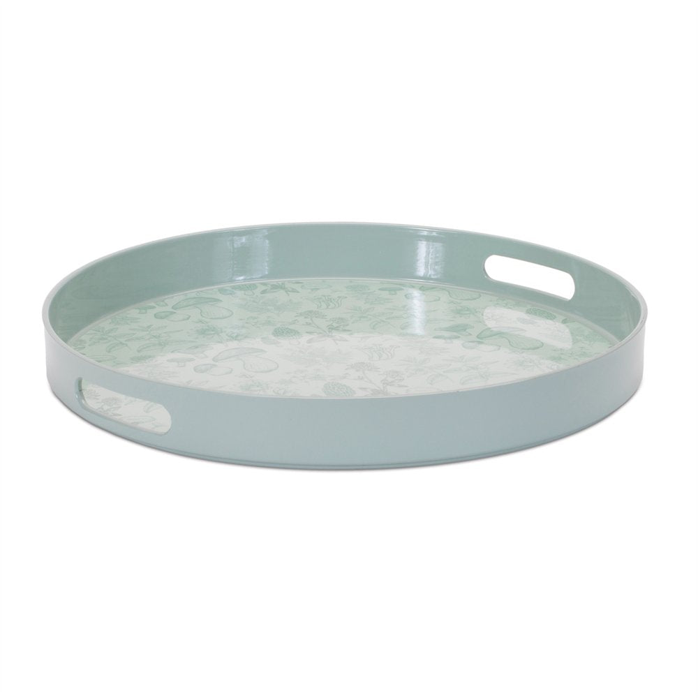 14" Pale Sage Mushrooms Round Serving Tray With Handles