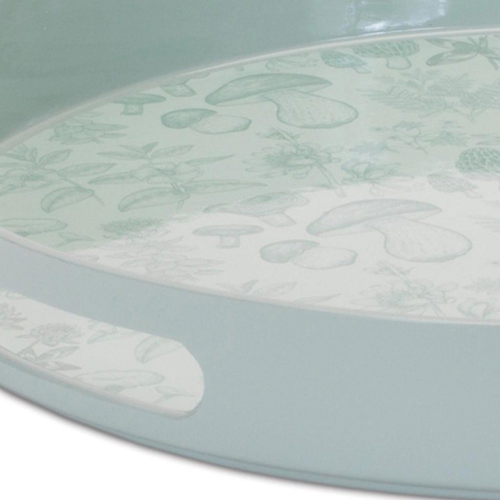 14" Pale Sage Mushrooms Round Serving Tray With Handles