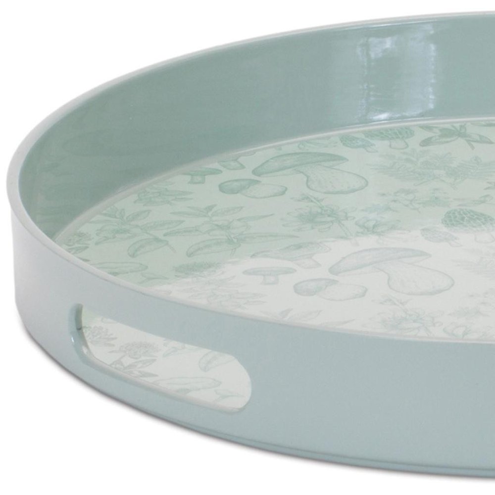 14" Pale Sage Mushrooms Round Serving Tray With Handles