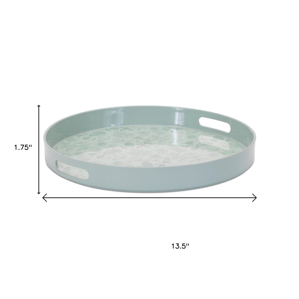 14" Pale Sage Mushrooms Round Serving Tray With Handles