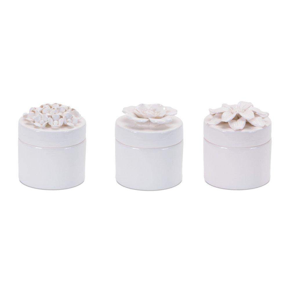Set of Three White Ceramic Flowers Decorative Keepsake Boxes