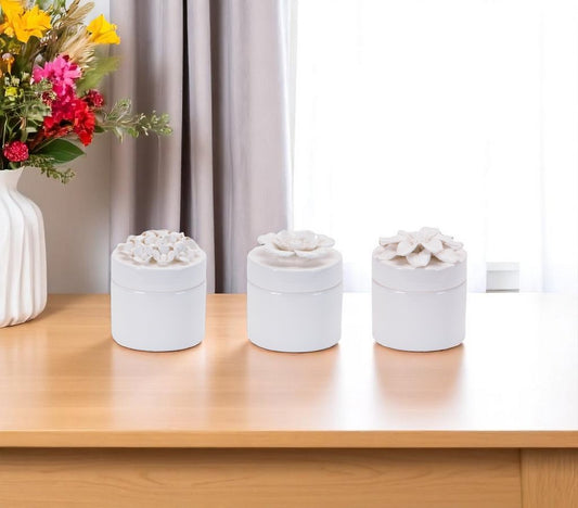 Set of Three White Ceramic Flowers Decorative Keepsake Boxes