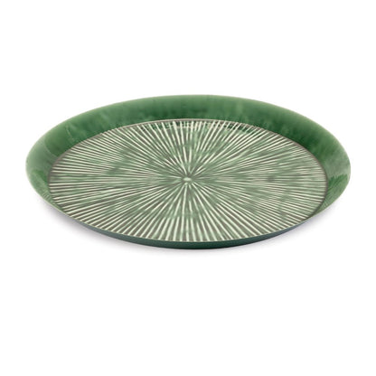 14" Green Metal Etched Round Serving Tray