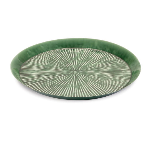14" Green Metal Etched Round Serving Tray