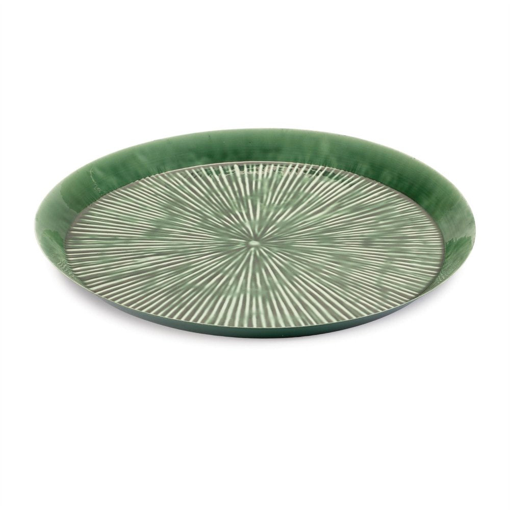 14" Green Metal Etched Round Serving Tray