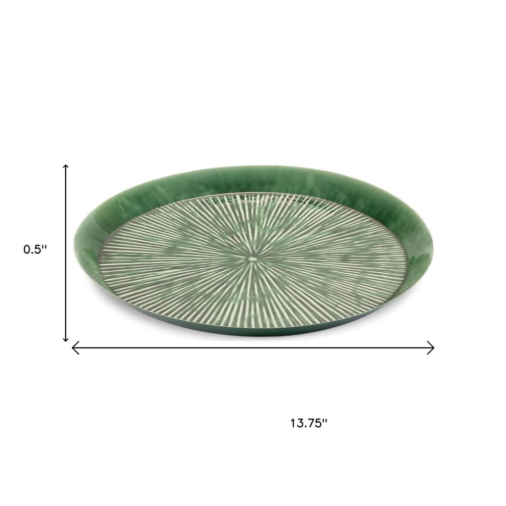 14" Green Metal Etched Round Serving Tray