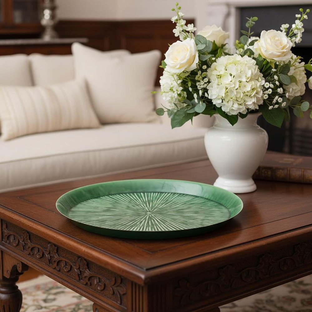 14" Green Metal Etched Round Serving Tray
