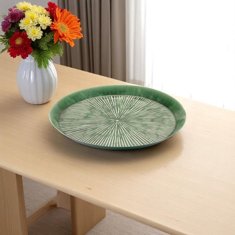 14" Green Metal Etched Round Serving Tray