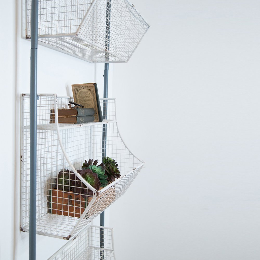 24" White And Gray Metal Baskets Wall Mounted Cubby Shelf