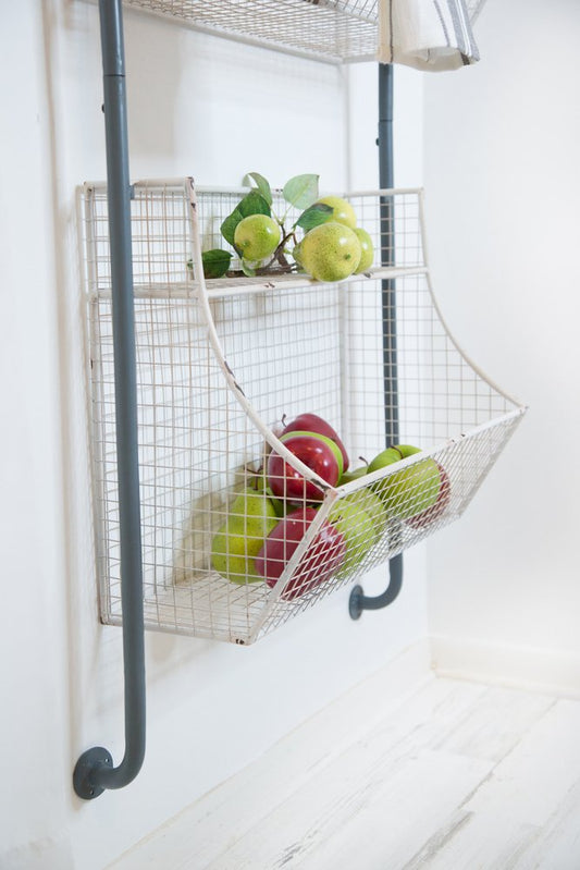 24" White And Gray Metal Baskets Wall Mounted Cubby Shelf