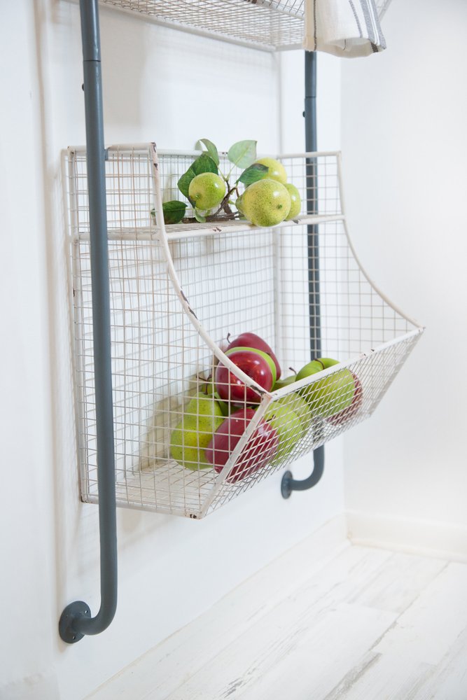 24" White And Gray Metal Baskets Wall Mounted Cubby Shelf