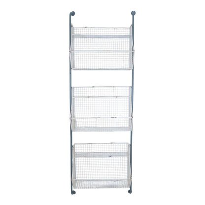 24" White And Gray Metal Baskets Wall Mounted Cubby Shelf