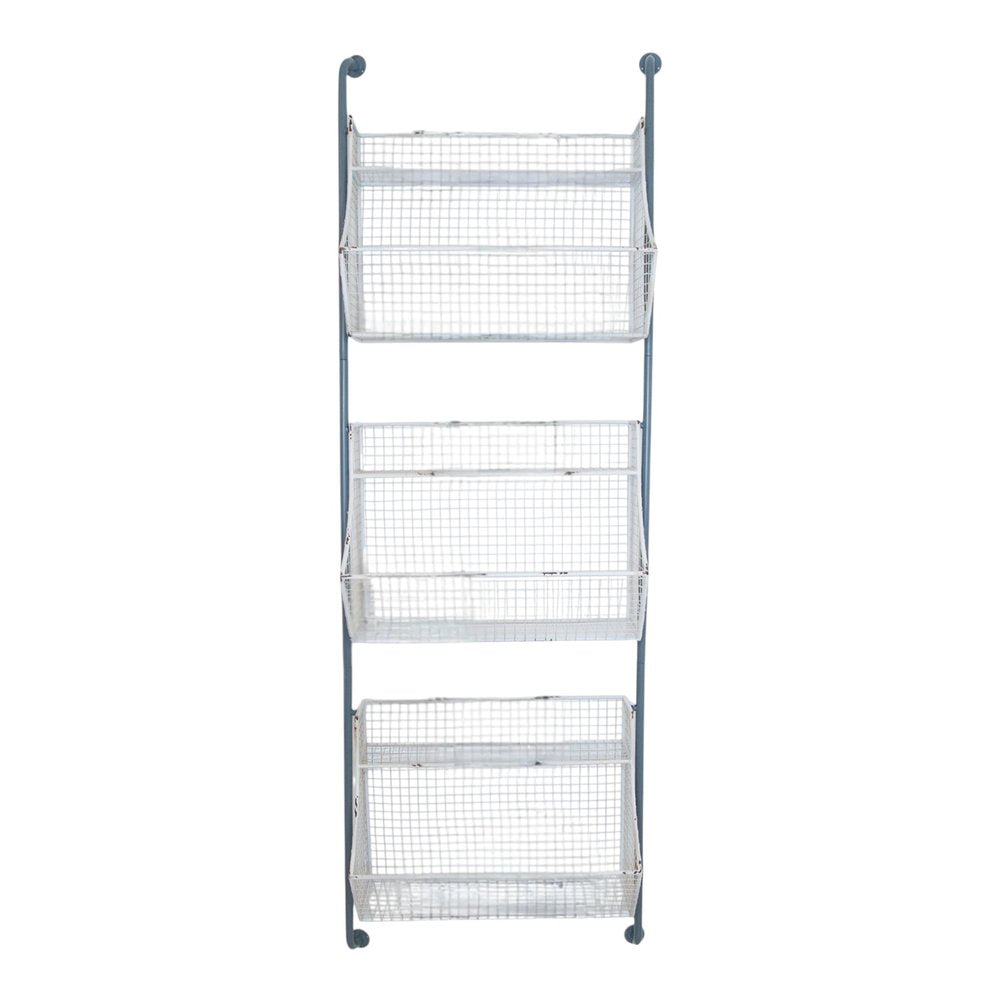 24" White And Gray Metal Baskets Wall Mounted Cubby Shelf