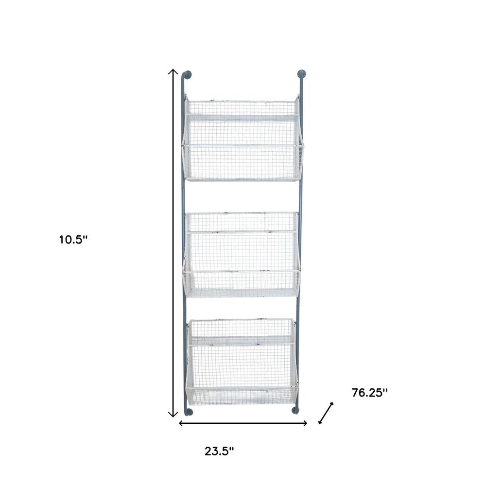 24" White And Gray Metal Baskets Wall Mounted Cubby Shelf