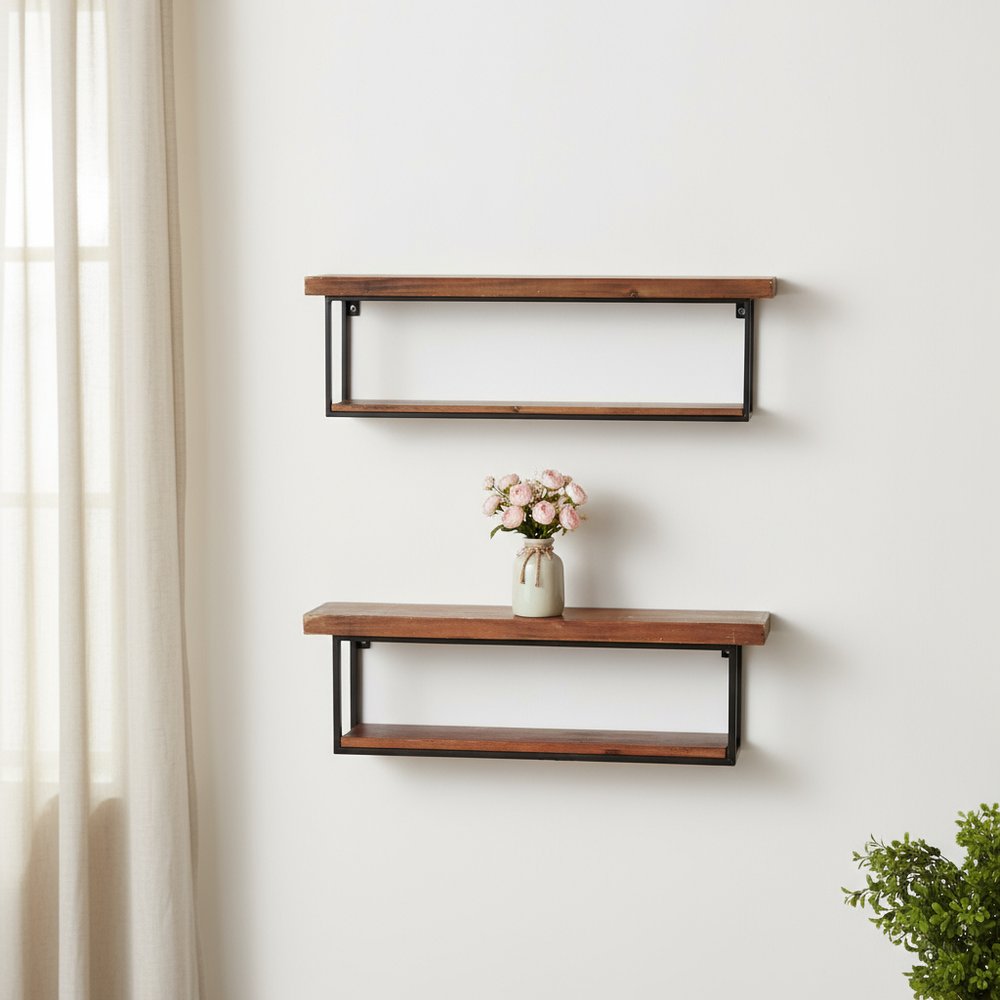 36" Set Of Two Black And Brown Wood And Metal Two Level Accent Shelf