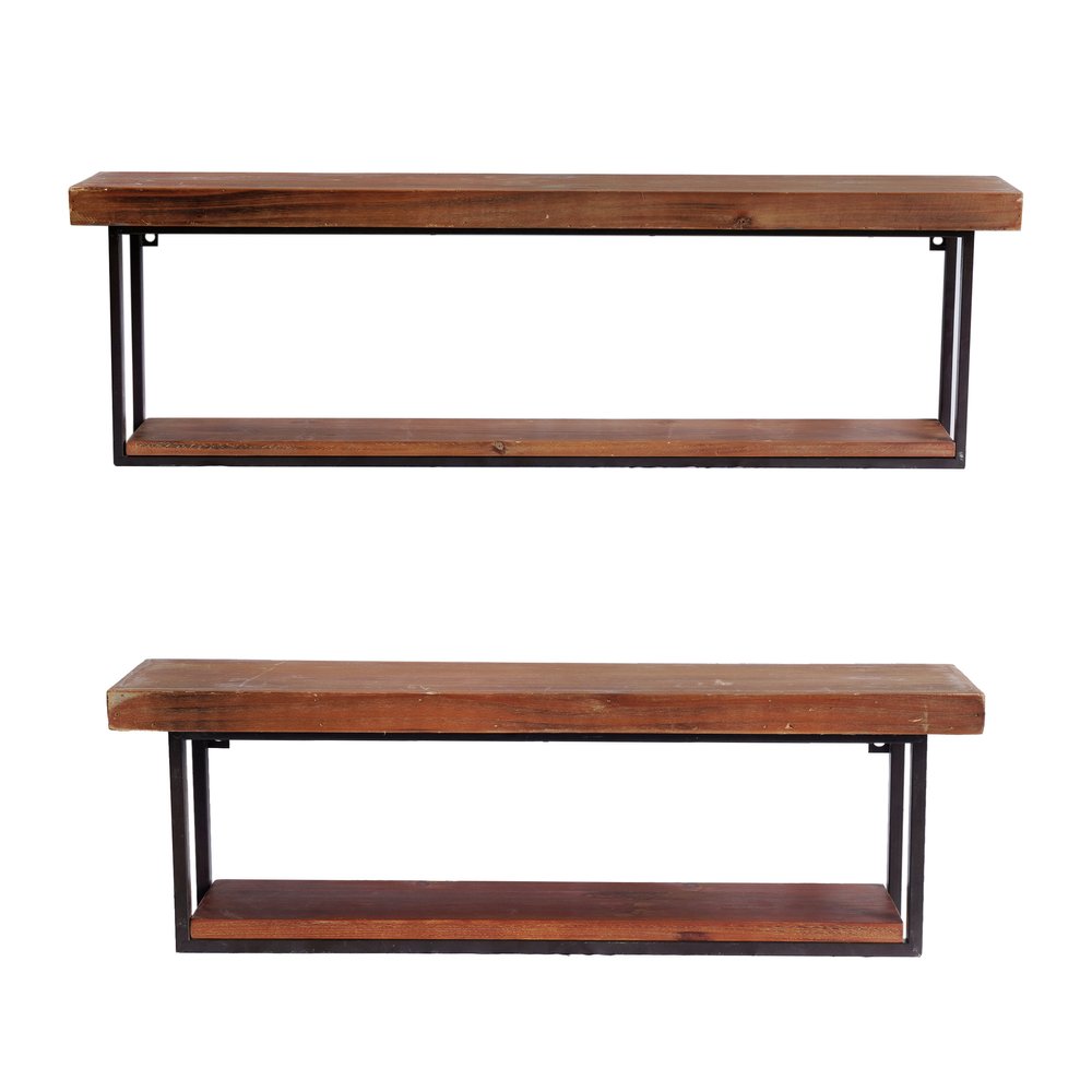 36" Set Of Two Black And Brown Wood And Metal Two Level Accent Shelf