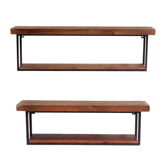 36" Set Of Two Black And Brown Wood And Metal Two Level Accent Shelf