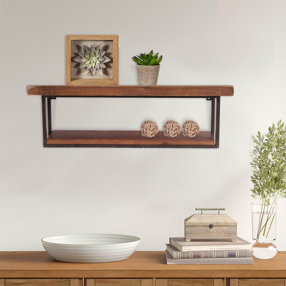 36" Set Of Two Black And Brown Wood And Metal Two Level Accent Shelf