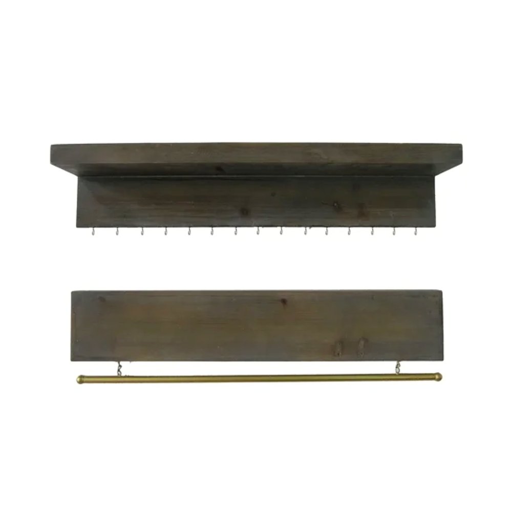 Set Of Two Brown Wood Wall Mounted Accent Shelves With Hooks