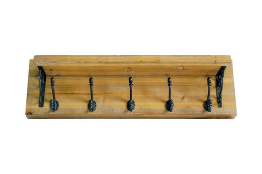 6" Black And Brown Metal And Solid Wood Five Hook Wall Mount Coat Rack
