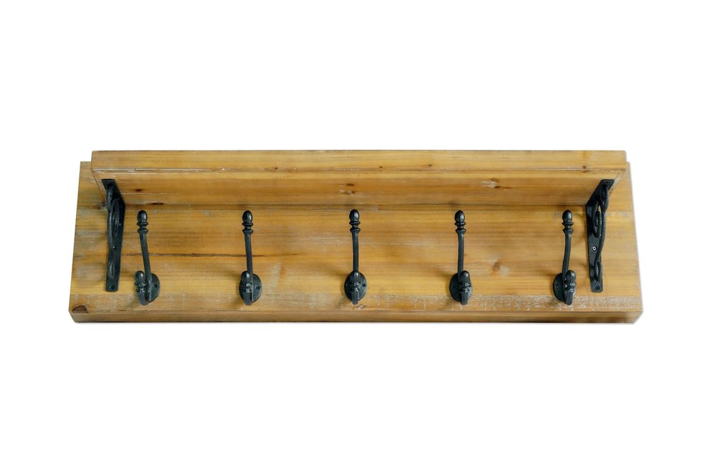 6" Black And Brown Metal And Solid Wood Five Hook Wall Mount Coat Rack